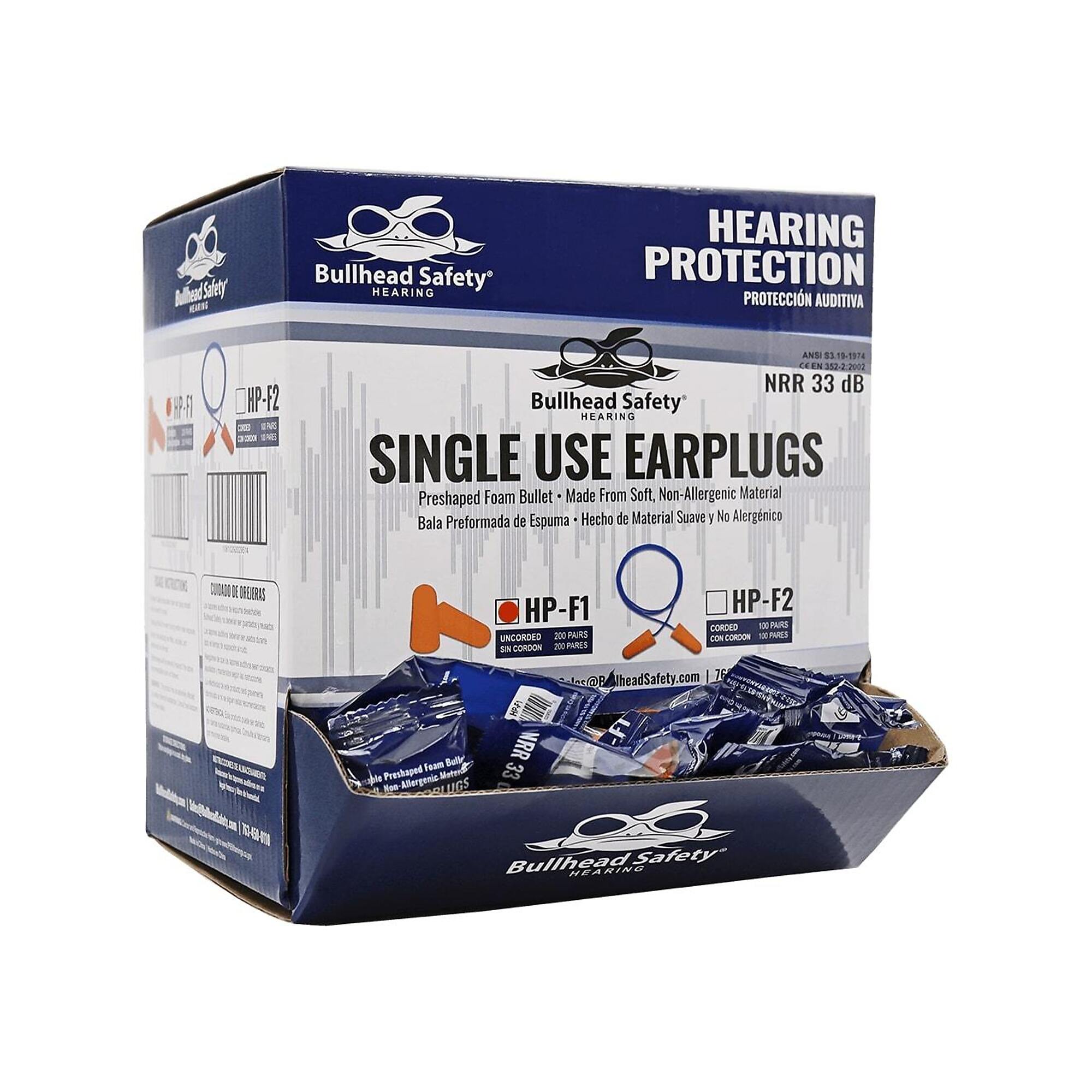 Bullhead Safety, UnCorded Polyurethane Foam NRR 33 dB Earplugs - 200 Pairs, Noise Reduction Rating 33 dB, Pairs Included (qty.) 200 Model# HP-F1